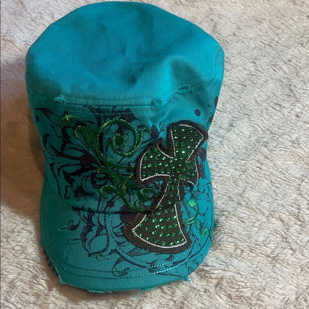 Teal Cap with Green Cross Design